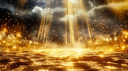 Fototapeta premium Background of glittering golden particles with fantastic surreal sky