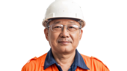 Asian caucasian senior male engineer with safety helmet on white background
