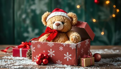 Obraz premium A festive teddy bear in a gift box surrounded by holiday decorations and presents.