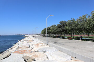 Maltepe Coast and Marmara Sea. Istanbul view along Maltepe seaside park. Istanbul, Turkey. 