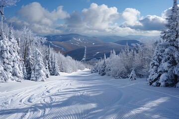 Obraz premium A winding snowy pathway leads through a serene winter landscape, surrounded by tall evergreen trees. The mountains in the distance are blanketed in fresh snow, creating a picturesque view