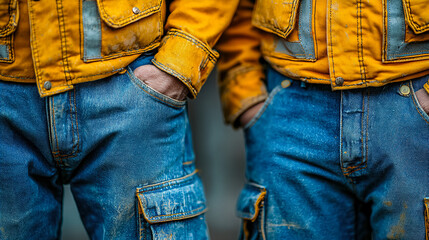 Stylish workers in yellow jackets showcase craftsmanship with worn blue jeans in an urban setting during daylight. Generative AI