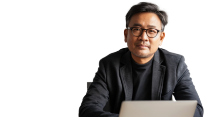 Asian senior male Employee IT specialist sit at work with laptop on white background
