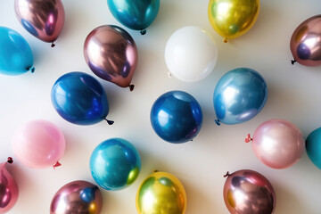 Vista superior de un suelo blanco con globos de colores. Generado con IA