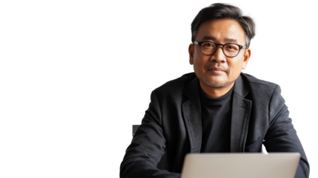 Asian senior male Employee IT specialist sit at work with laptop on white background