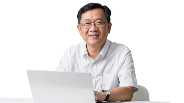 Asian senior male Employee IT specialist sit at work with laptop on white background