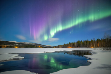 Paisaje con un lago rodeado de árboles con una aurora boreal en el cielo. Generado con IA