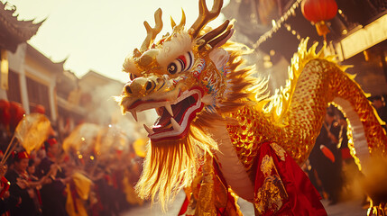 Fototapeta premium Prompt 8: A golden dragon parading through a traditional Chinese neighborhood, surrounded by performers in festive costumes, captured in a cinematic wide-angle style for marketing visuals 