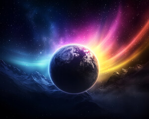 Naklejka premium Planet cosmic imagery.planet surrounded by vibrant auroras