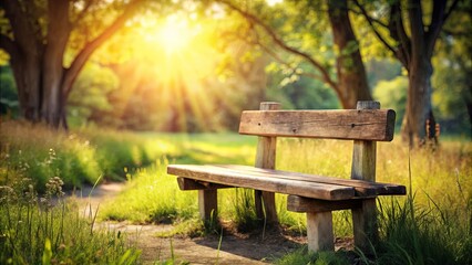 Naklejka premium Rustic wooden park bench bathed in warm sunlight on a grassy path