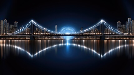 Obraz premium A futuristic depiction of a digital world map with a glowing globe above blue city bridge against a night sky backdrop
