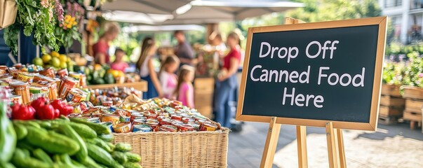 A community event featuring families donating canned goods, a signboard with "Drop Off Canned Food Here" written in bold, vibrant and bustling atmosphere