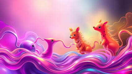 Obraz premium Abstract playful animal forms with glowing neon gradients, radiant soft-focus light, whimsical swirling fluid motion, and surreal colorful textures in the background