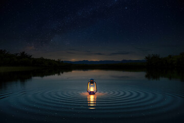 Lámpara Flotando en Lago Bajo Cielo Estrellado. Generado con IA