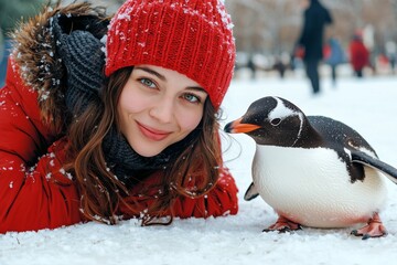 Smiling girl with a red beanie playfully interacting with a penguin in a snowy park during winter