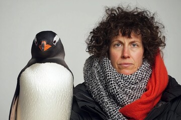 Woman standing next to a penguin, both displaying unique expressions during an indoor event at a wildlife center