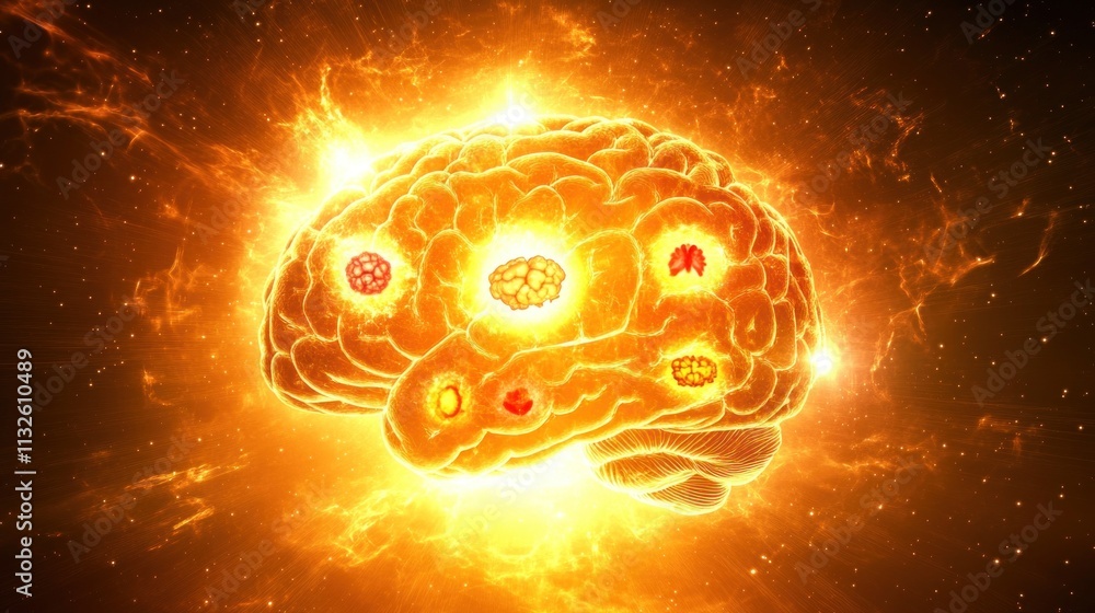 Poster human brain exploding with glowing orange and red parts on starry background