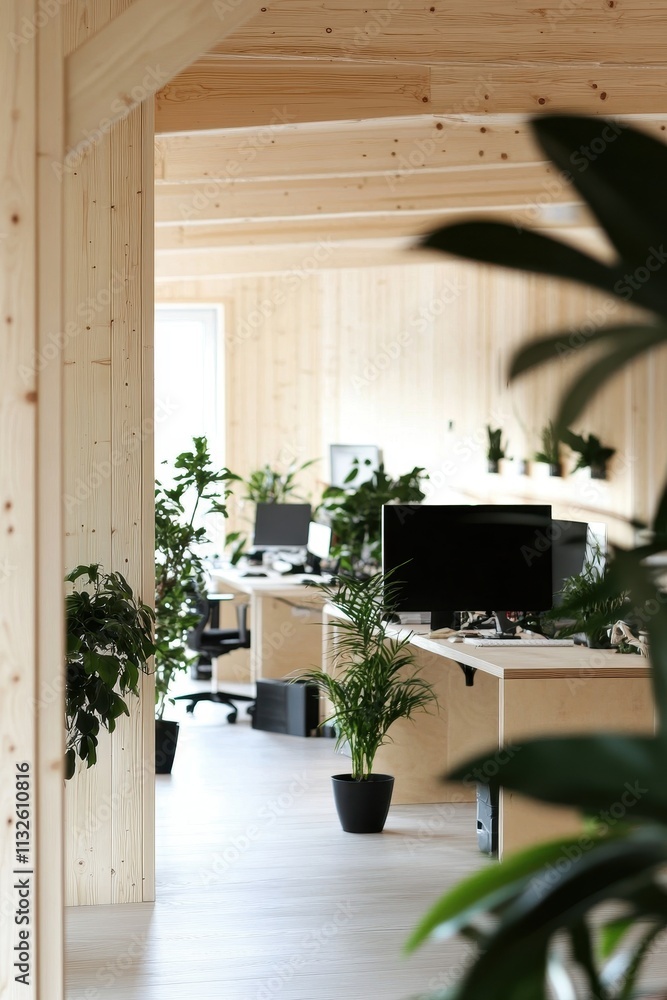 Canvas Prints Modern Wooden Office Space With Greenery