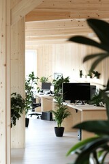 Fototapeta premium Modern Wooden Office Space With Greenery