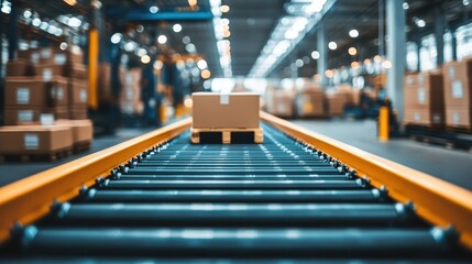Automated conveyor system moving inbound goods into storage selective focus on conveyor belts, vibrant, Double exposure, hightech warehouse backdrop