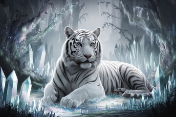 Ilustración de un tigre blanco en un entrono de colores fríos Generado con IA