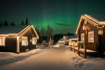 Pueblo nevado en una noche con aurora boreal. Generado con IA