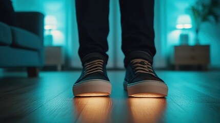 Fototapeta premium Silent Threats Concept, Stylish Glowing Shoes Illuminating a Dark Room with Modern Lighting Effects and Subtle Shadows