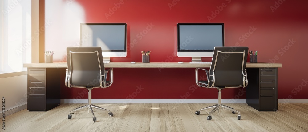 Poster modern office workspace with two computers and chairs