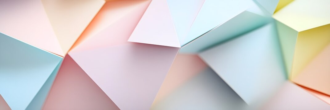 Geometric shapes with sharp edges in pastel colors, layered over a clean white background.