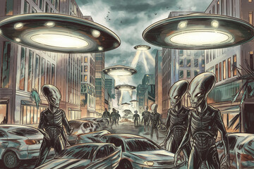 Ilustración de una invasión alienígena. Generado con IA