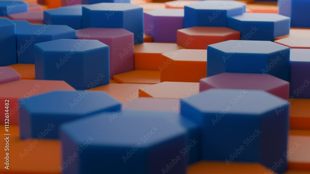 Poster loop 3d animation of an abstract background of many hexagons that rise and fall, while changing colo