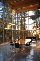 Fototapeta premium Sunlit Modern Conference Room With Forest View