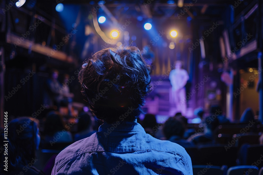 Poster performer standing in front of a crowded audience in a theater generative ai picture