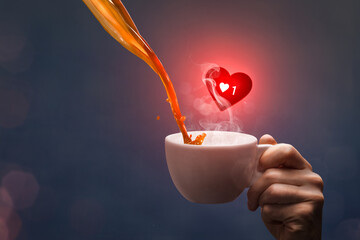Coffee pouring into a cup with heart notification symbol