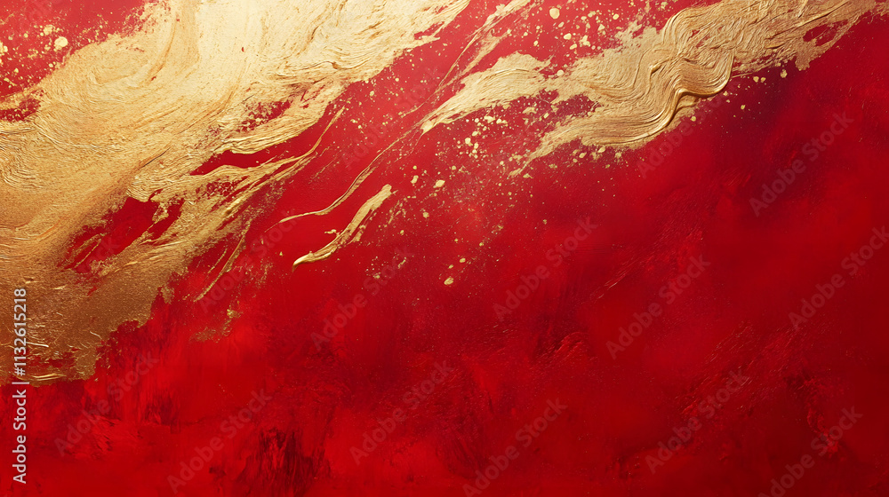 Poster chinese abstract gold ink in red paper texture fat paint on surface background flat lay top view cop