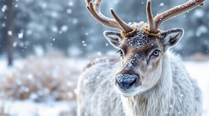 Fototapeta premium A majestic reindeer standing in a snowy landscape, showcasing its impressive antlers and beautiful fur, evoking a serene winter atmosphere