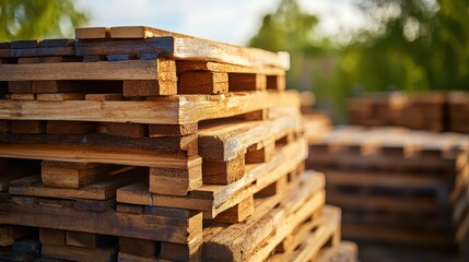Warehouse inventory showing neatly arranged pallets ready for distribution selective focus on stacked pallets, ethereal, blend mode, organized storage area backdrop