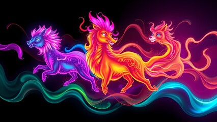 Obraz premium Whimsical playful motion and glowing ink trails enhance abstract animals with vibrant fluid patterns and a soft-focus surreal background in neon colors.