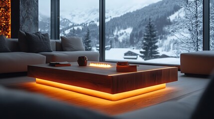 A contemporary modular wooden coffee table with a sleek design, surrounded by high-end furniture, large panoramic windows showcasing a snow-covered alpine landscape,