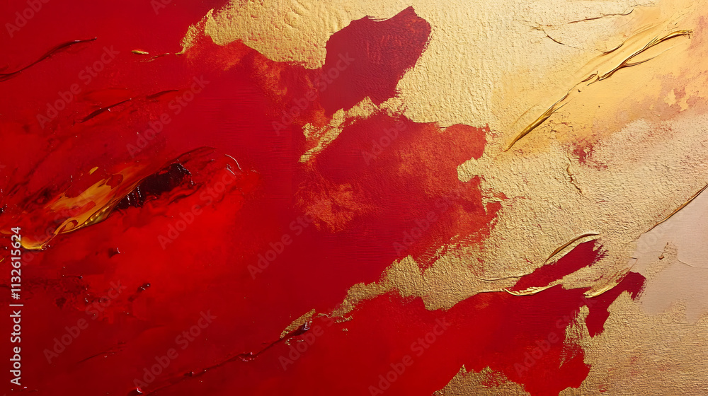 Poster chinese abstract gold ink in red paper texture fat paint on surface background flat lay top view cop