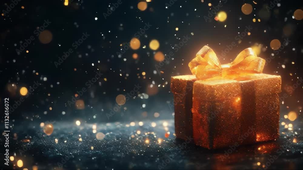 Poster a golden gift box with a glowing bow sits amidst sparkling lights and falling snow, creating a magic