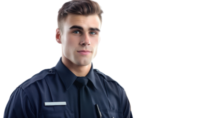 A police officer caucasian american young man on white background
