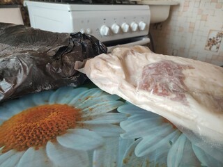 Pieces of lard in a bag in the kitchen