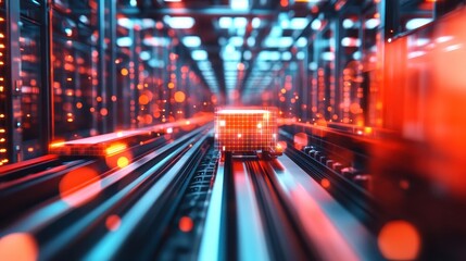 Fototapeta premium Hightech warehouse operations with conveyor belts transporting goods selective focus on moving belts, futuristic, Fusion, logistics hub backdrop