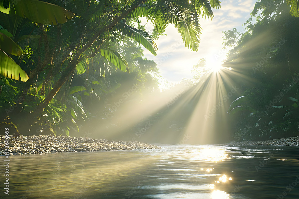 Sticker Sun rays illuminating a tranquil jungle river.