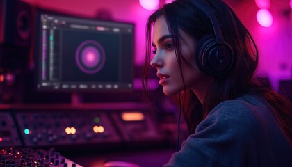 woman podcast host recording in a high-end soundproof studio with sleek tech and modern ambiance