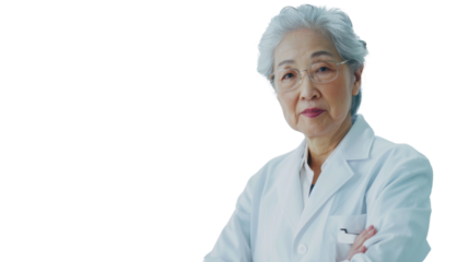 Asian caucasian senior female handsome doctor arms crossed on white background