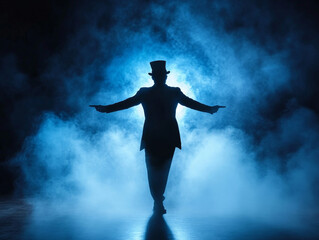 Silhouette of magician appearing dramatically through blue smoke on stage.