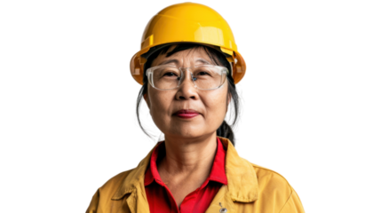 Asian caucasian senior female engineer with safety helmet on white background
