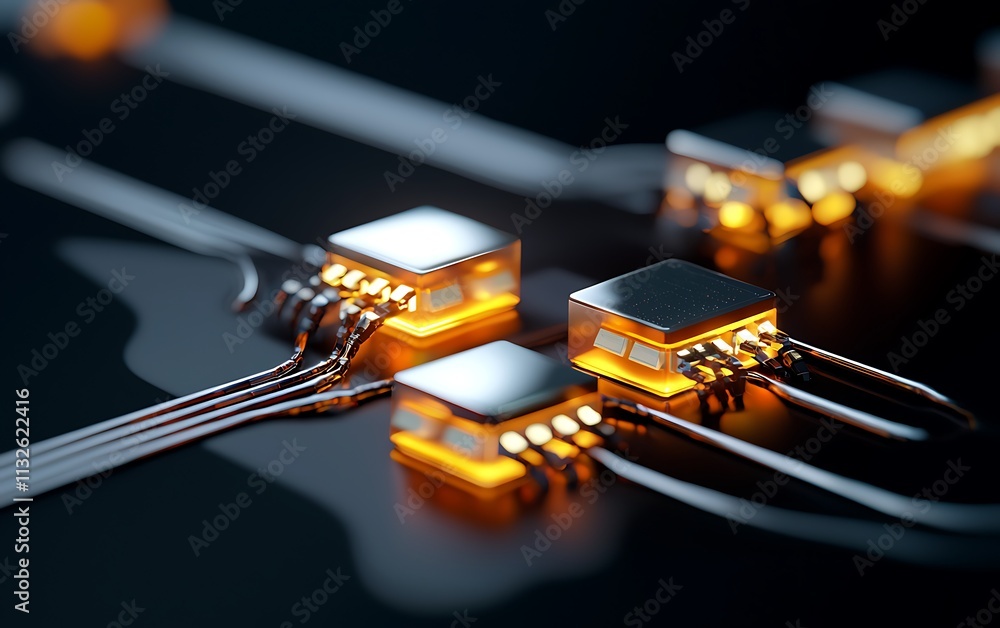 Poster close-up of illuminated microchips on a circuit board.